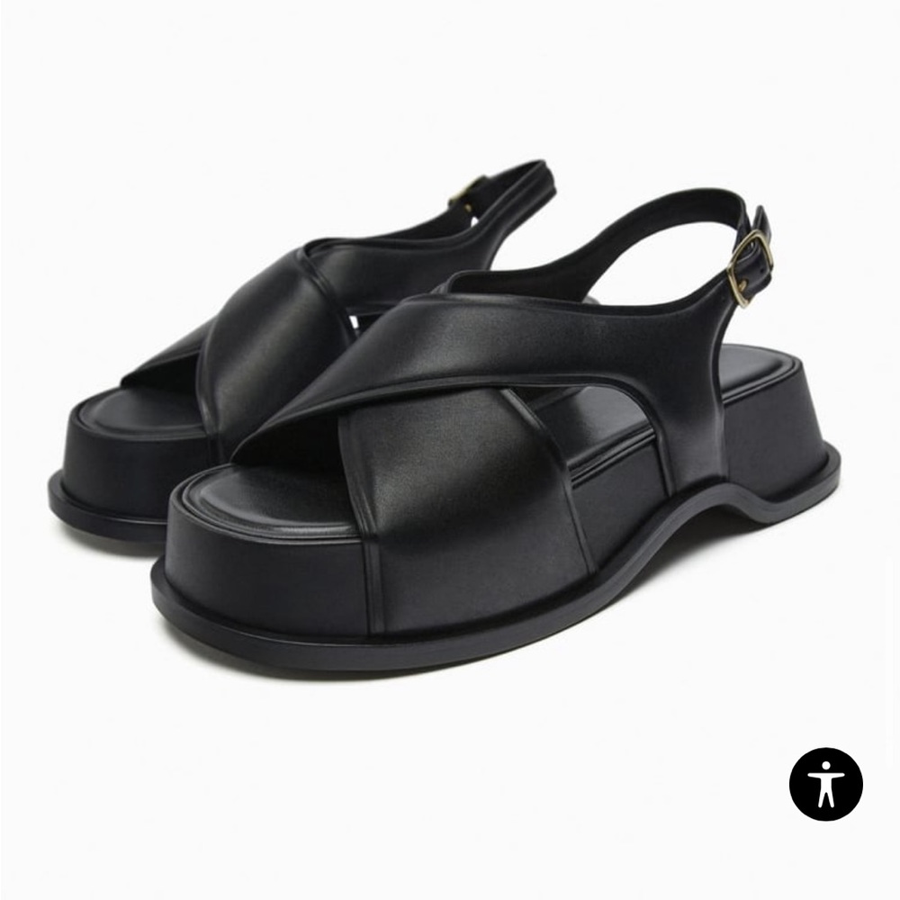 NEW Zara leather cross strap platform sandal black US 7.5 EUR 38